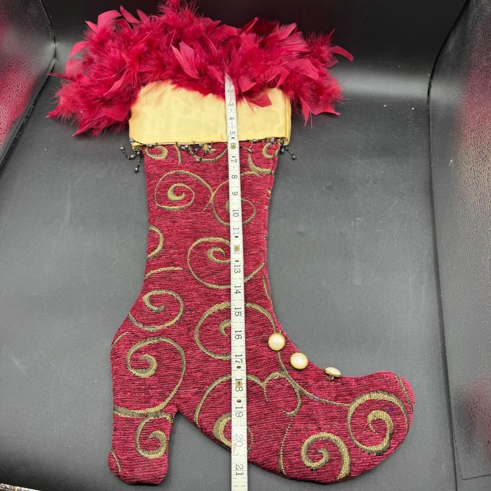 Christmas Stocking High Heel Boot Whimsy Red Green Feather Trim Beaded Victorian